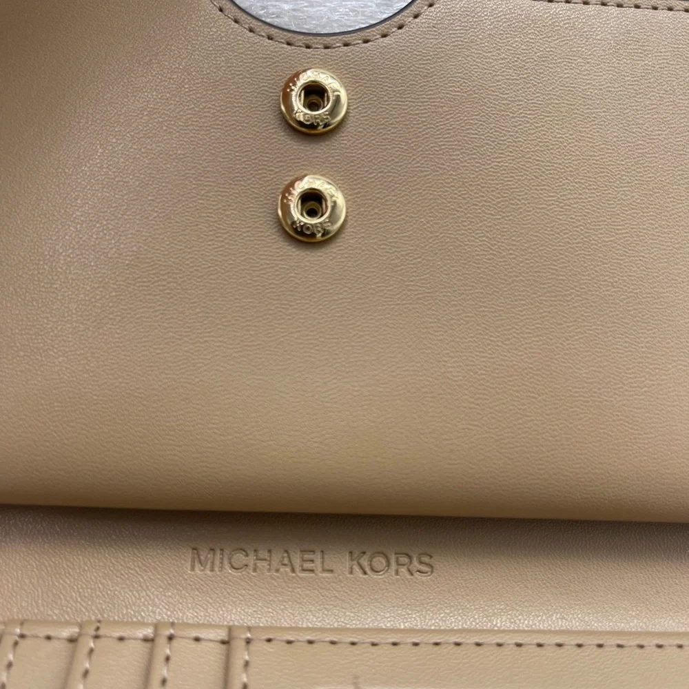 MICHAEL KORS Jet Set Travel Lg Double Zip Signature Logo Wristlet Wallet Pale Gd
